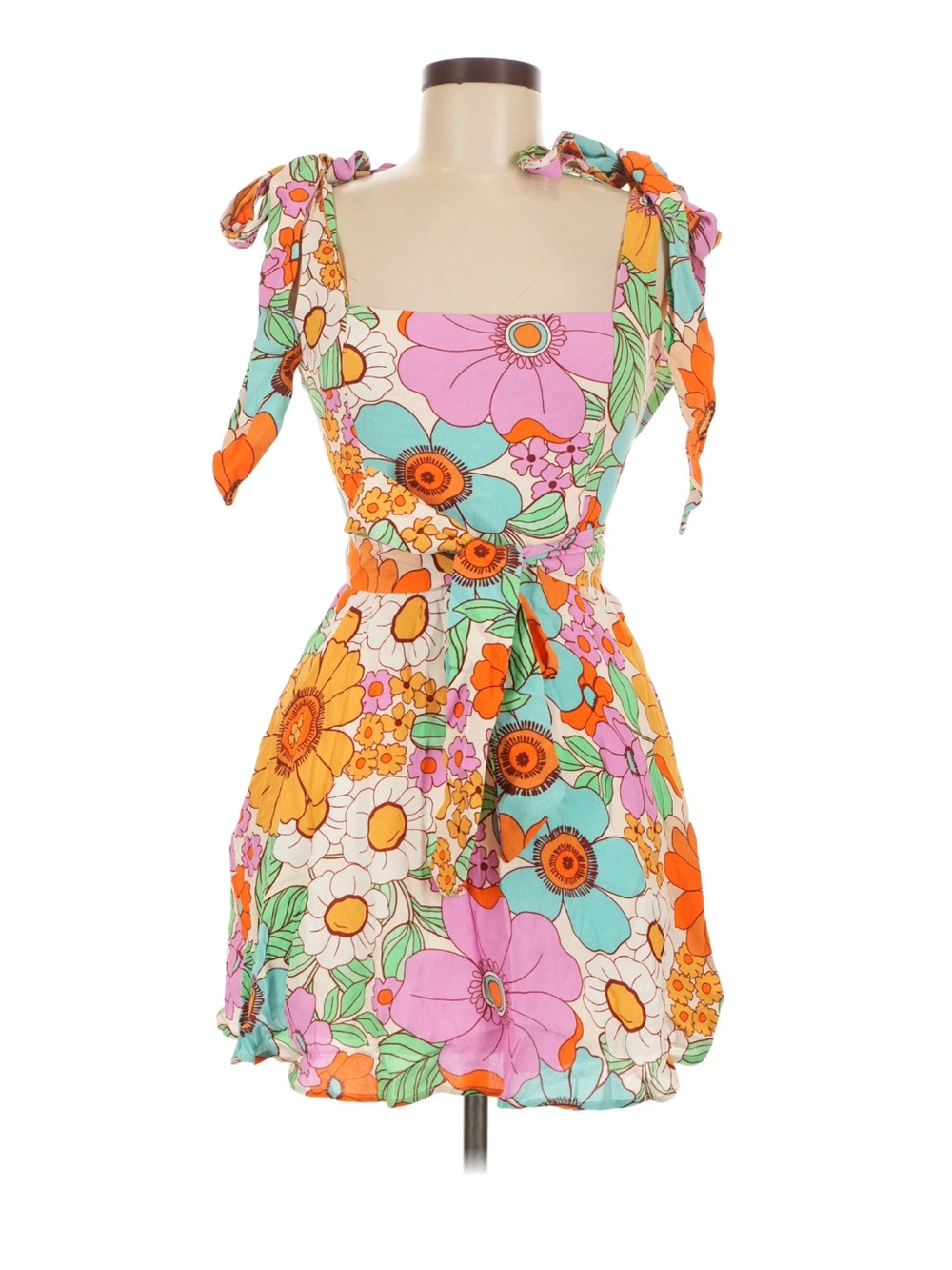 Show Me Your MuMu Floral Tie-Shoulder Mini Dress in Pink, Orange & Aqua
